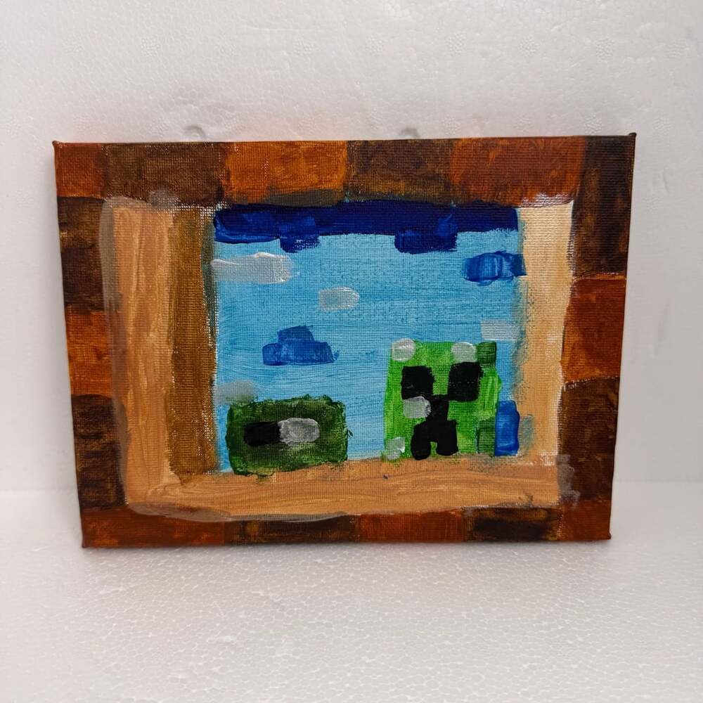 Handmade Minecraft “Creeper in the window” IRL Acrylic Painting on Canvas